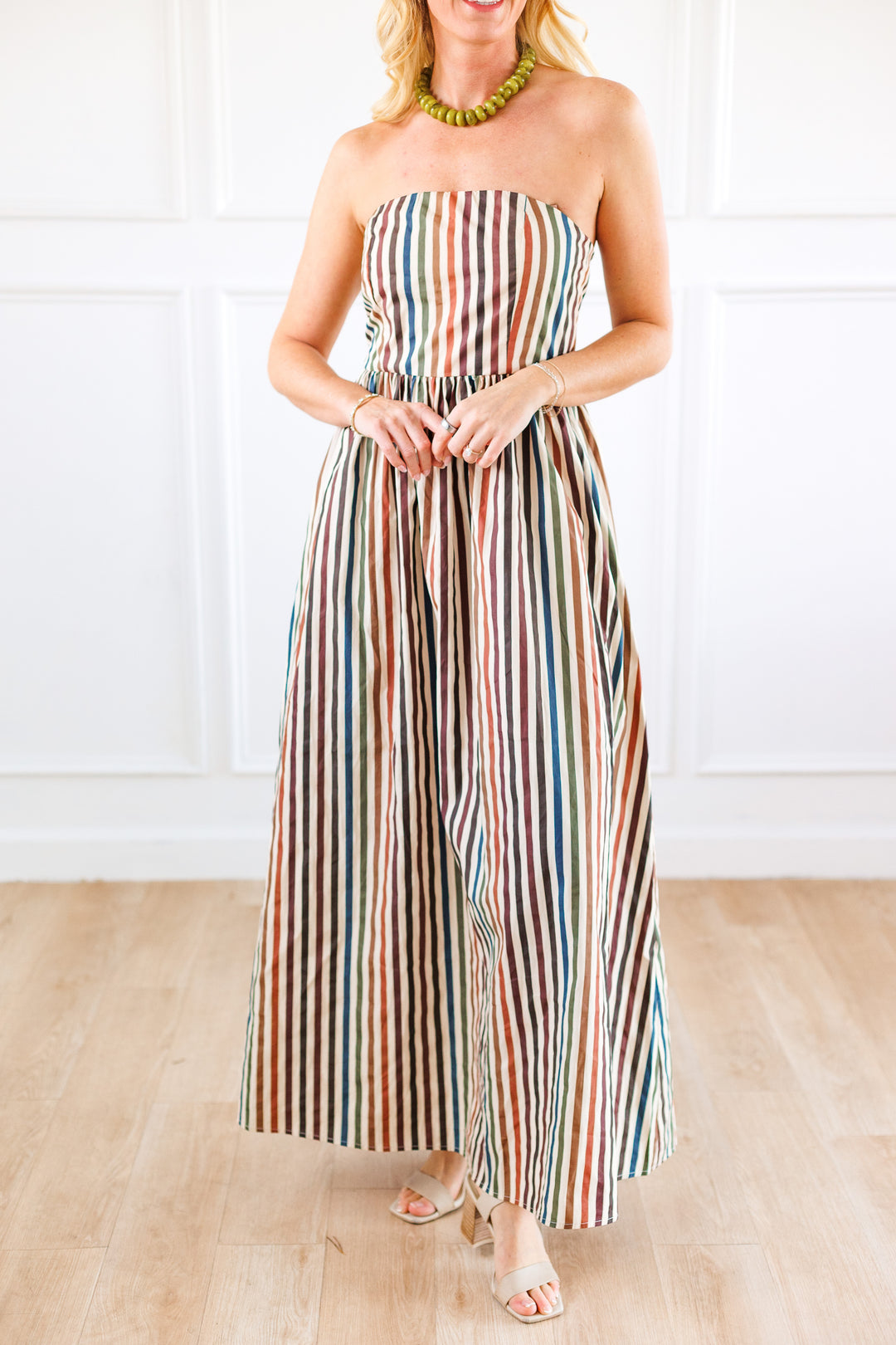 AUTUMN MULTI STRIPE STRAPLESS MAXI