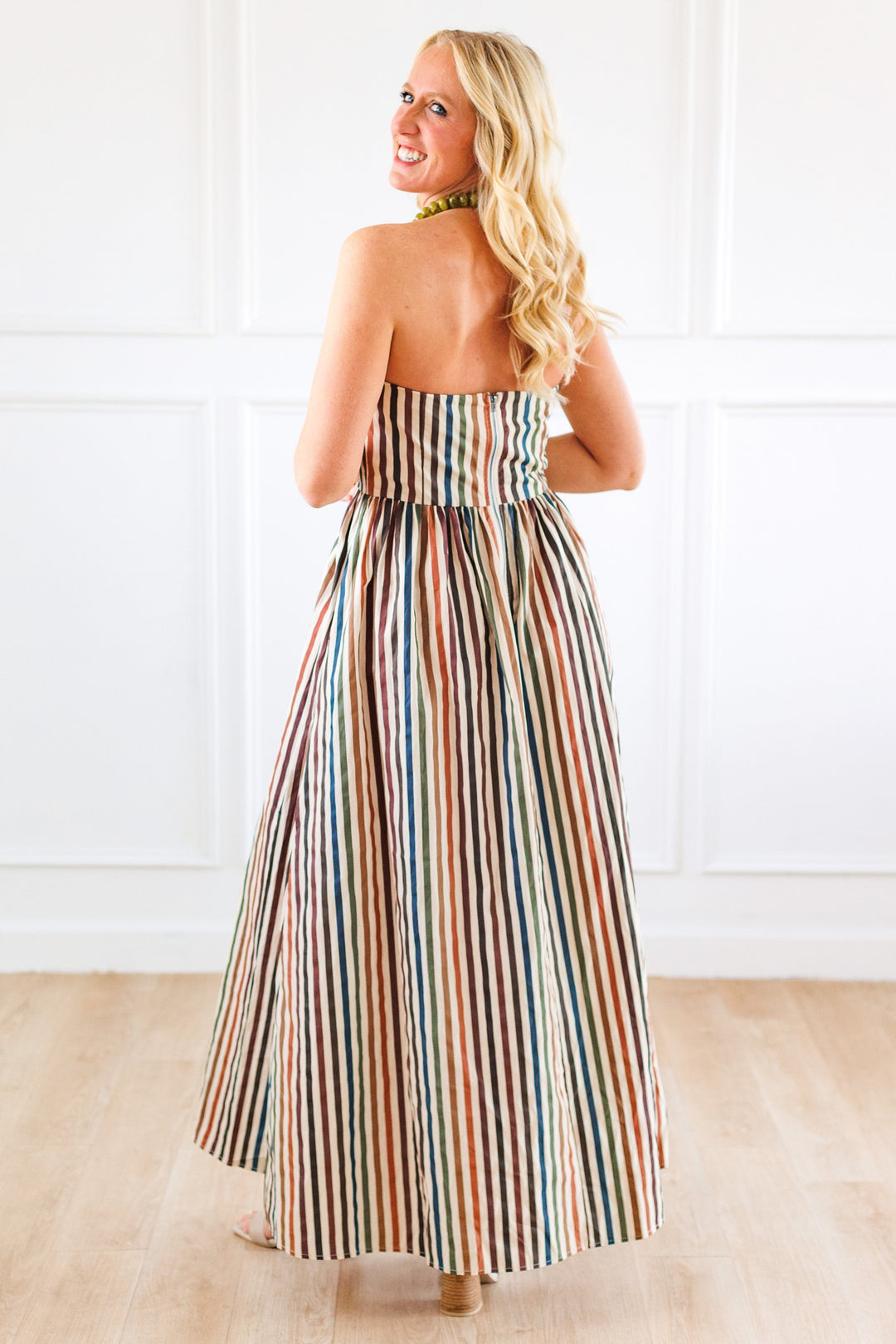 AUTUMN MULTI STRIPE STRAPLESS MAXI