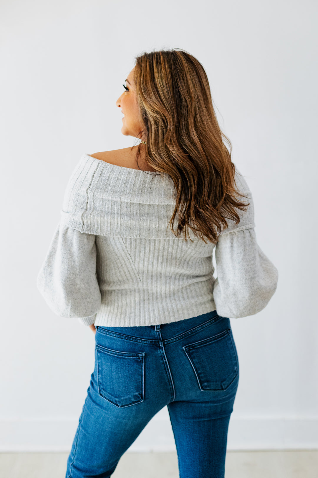 CECILIA OFF THE SHOULDER SWEATER- MARLED GREY