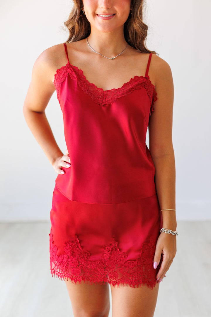 CRIMSON SATIN LACE TRIM CAMI