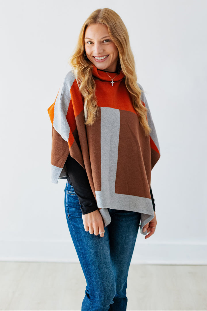 COLORBLOCK TURTLENECK KNIT PONCHO- HEATHER GREY