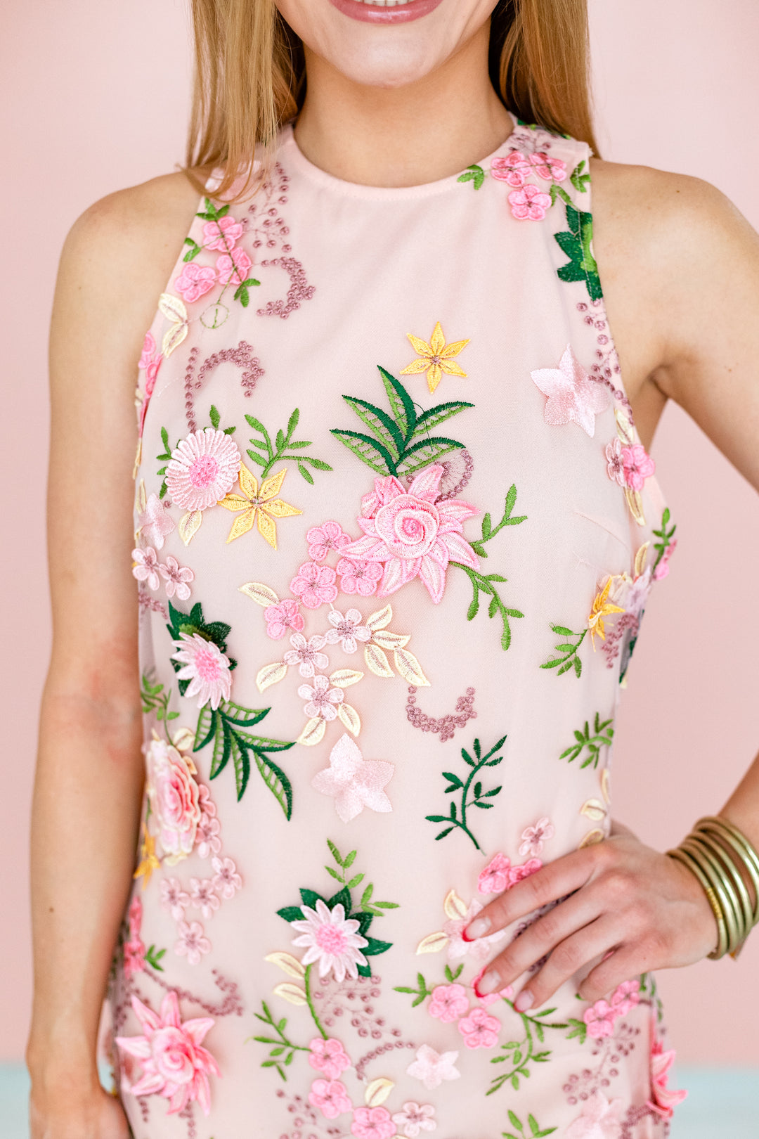 BLUSHING PINK FLORAL APPLIQUE DRESS