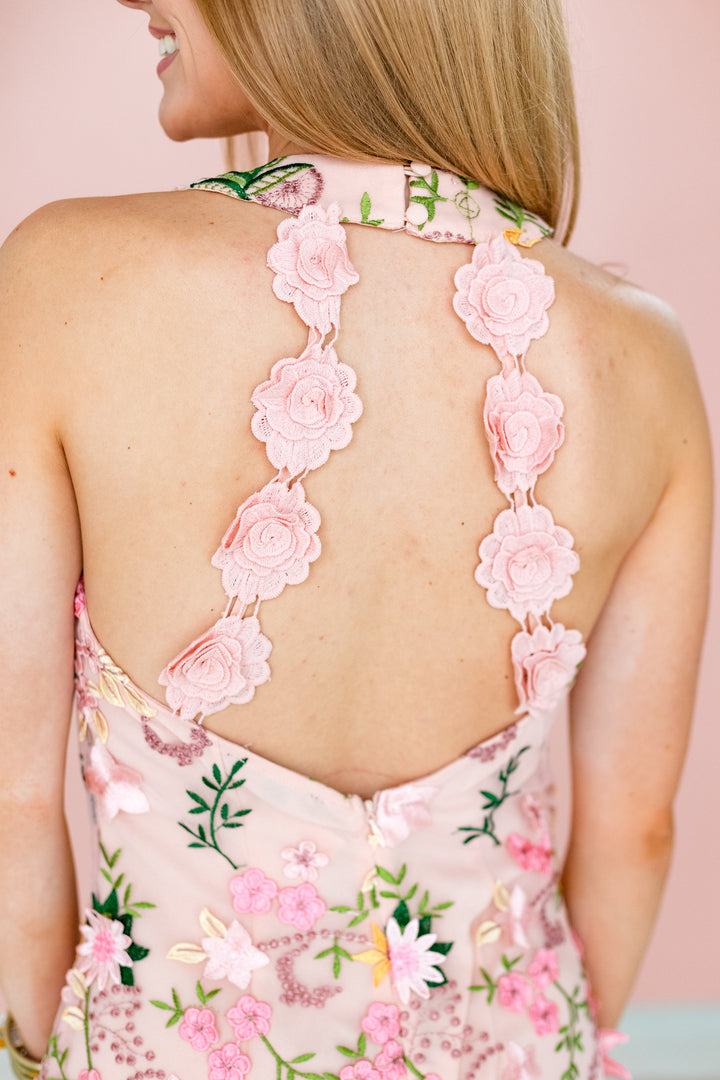 BLUSHING PINK FLORAL APPLIQUE DRESS