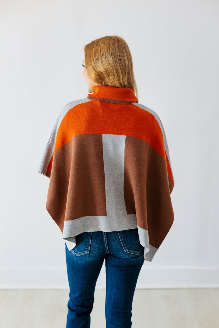 COLORBLOCK TURTLENECK KNIT PONCHO- HEATHER GREY