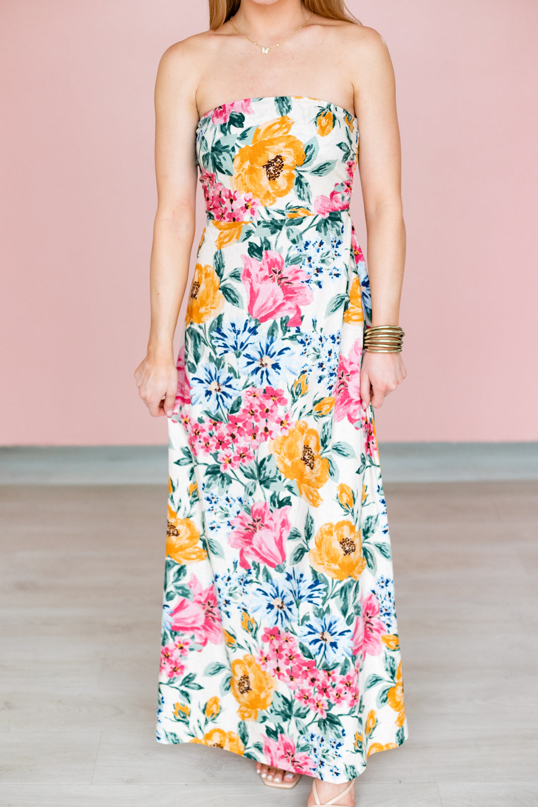 STRAPLESS FLORAL LINEN MAXI