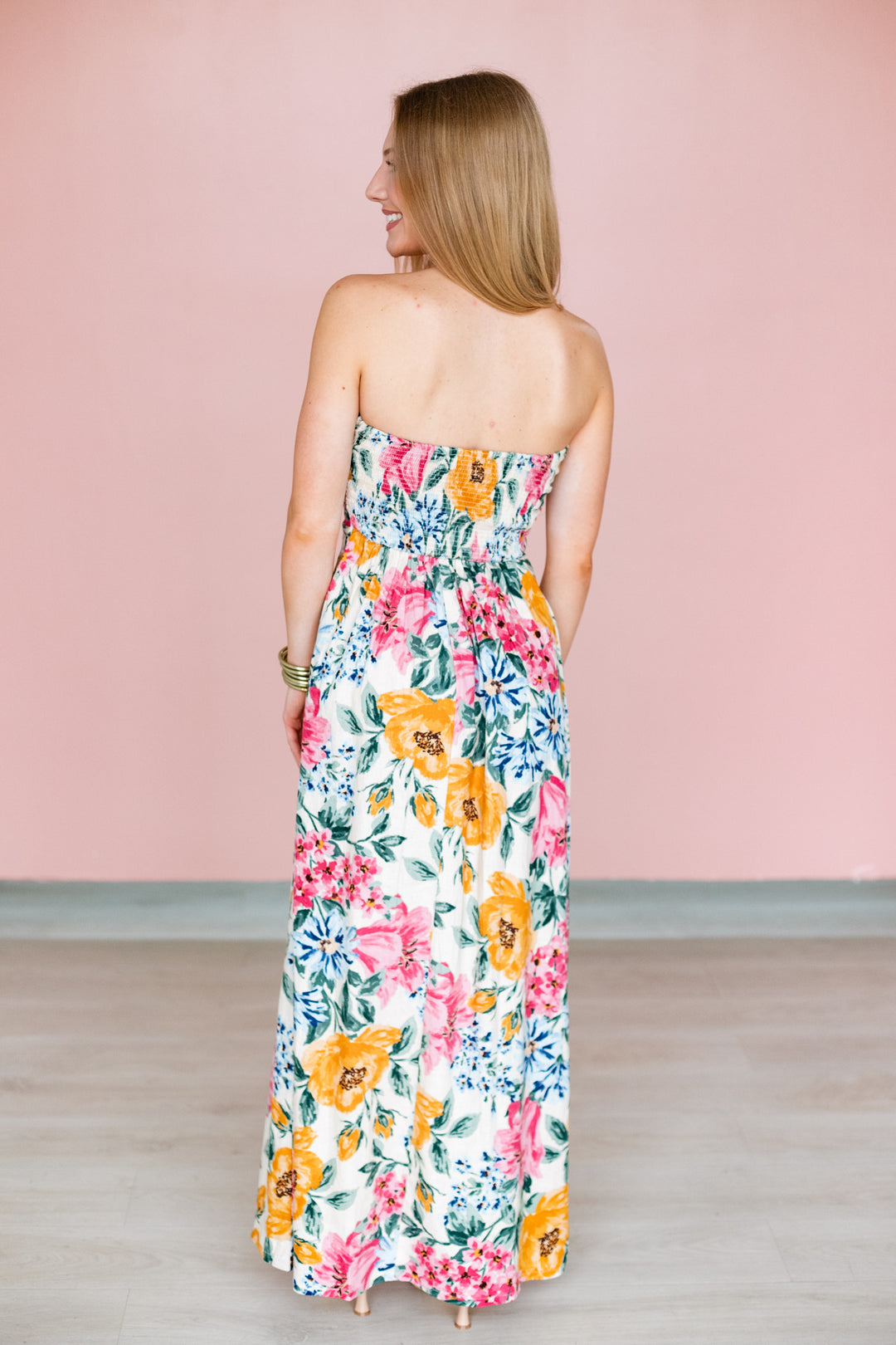 STRAPLESS FLORAL LINEN MAXI