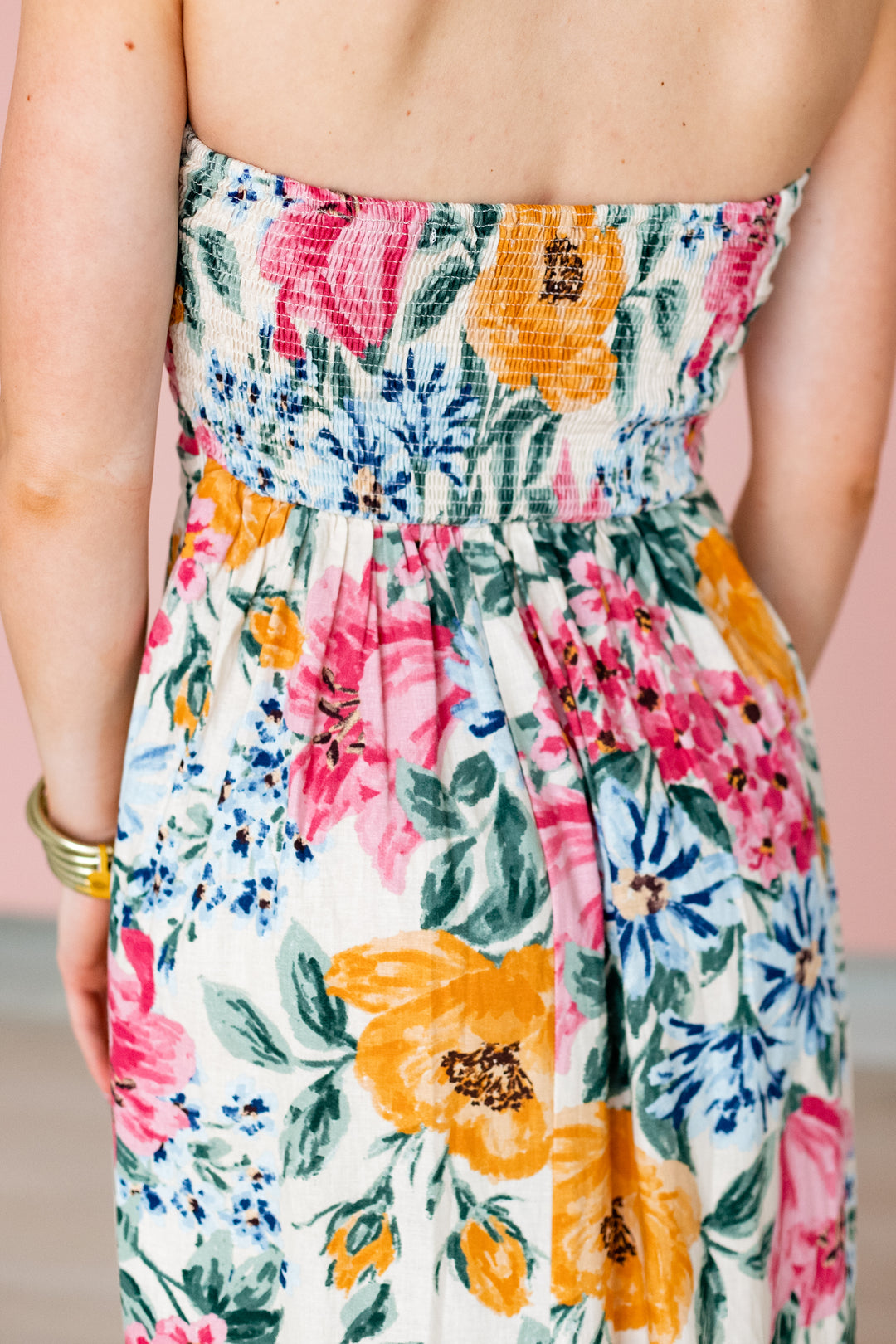 STRAPLESS FLORAL LINEN MAXI