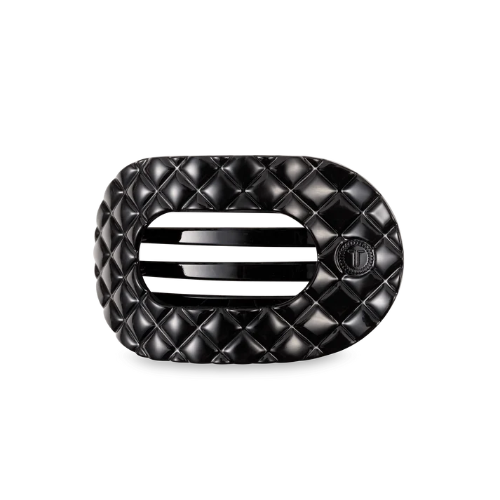 TELETIES: QUILTED MEDIUM FLAT ROUND CLIP- JET BLACK