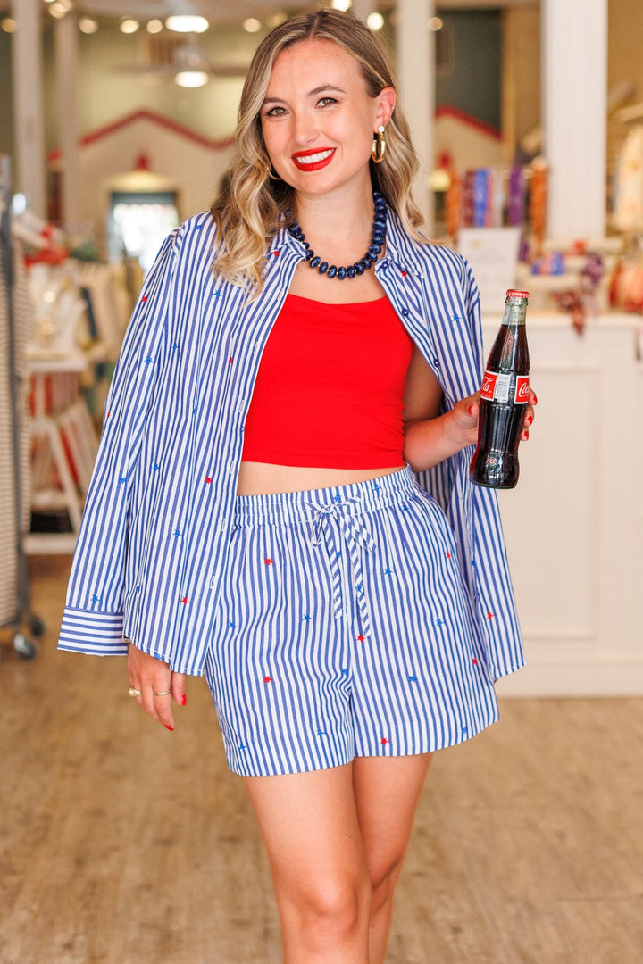 BLUE STRIPE STAR PRINT BLOUSE