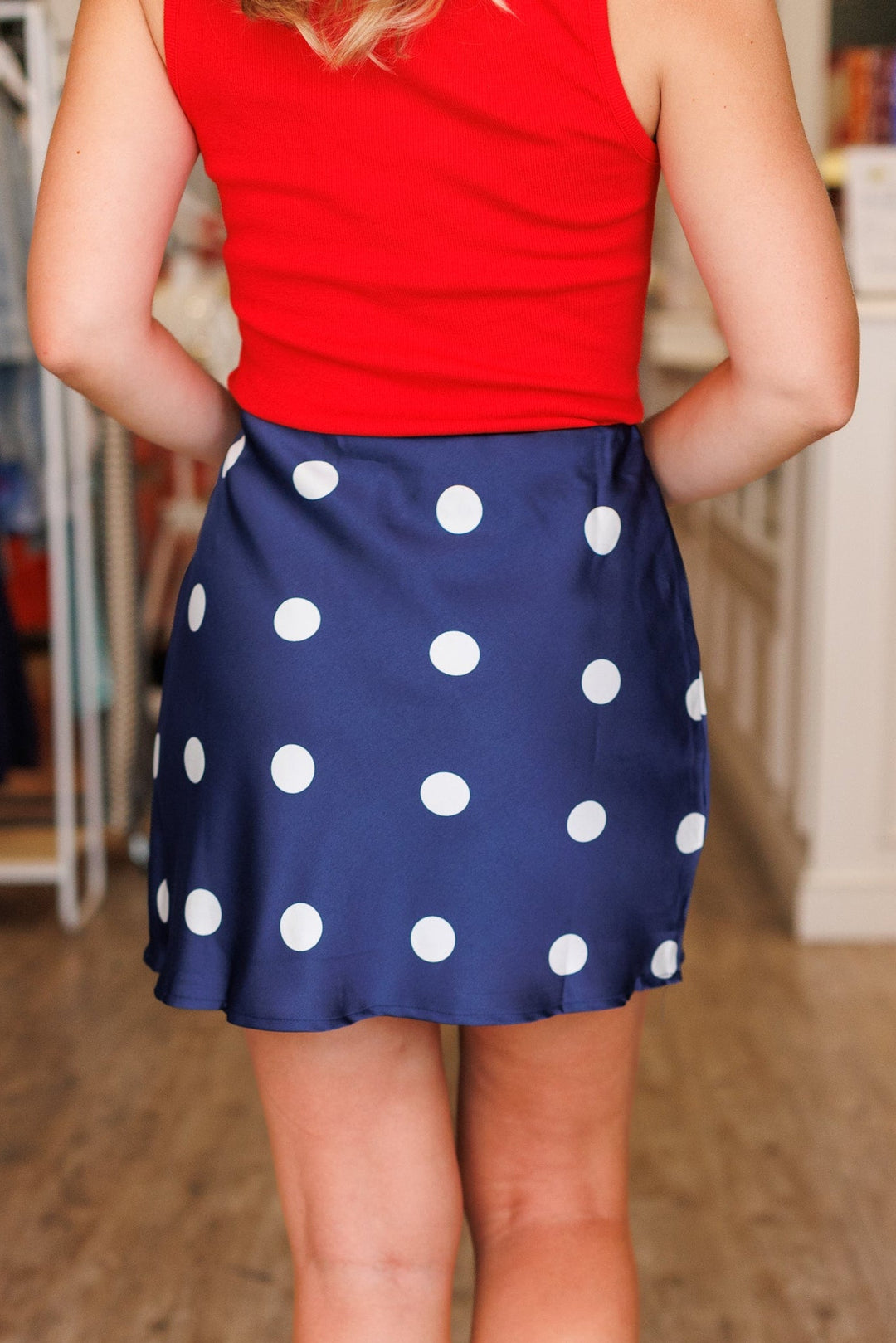 NAVY POLKA DOT SILK SKORT