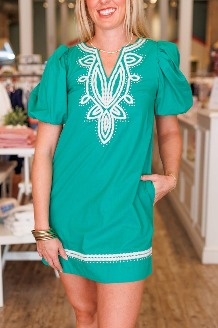 EMBROIDERED DETAIL DRESS - GREEN
