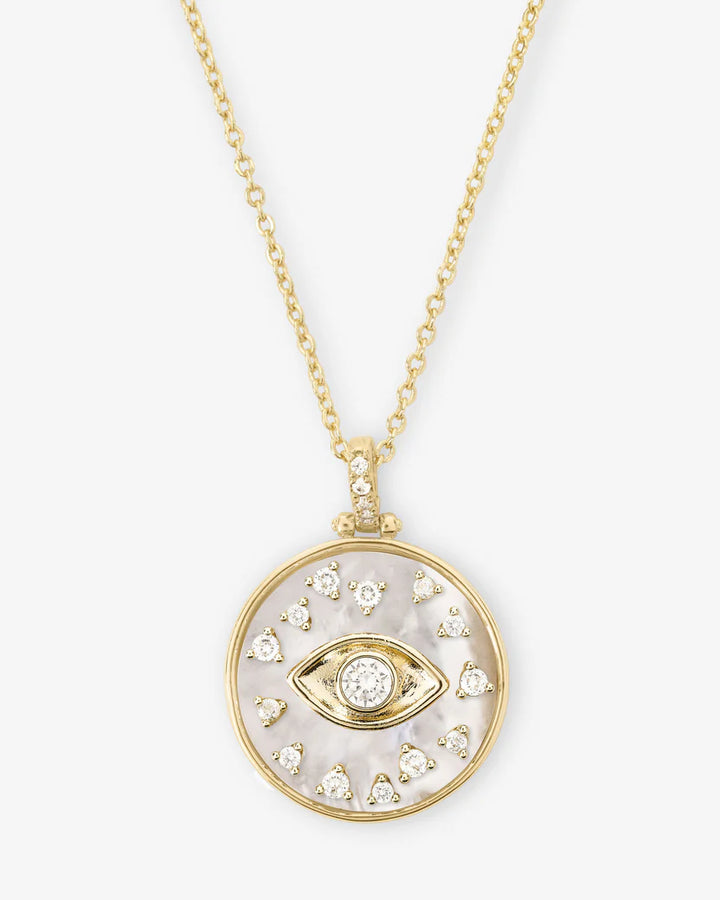 MELINDA MARIA: CHIC GOLD EVIL EYE MEDALLION NECKLACE