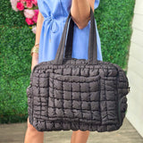 BLACK QUILTED PUFFER DUFFEL BAG