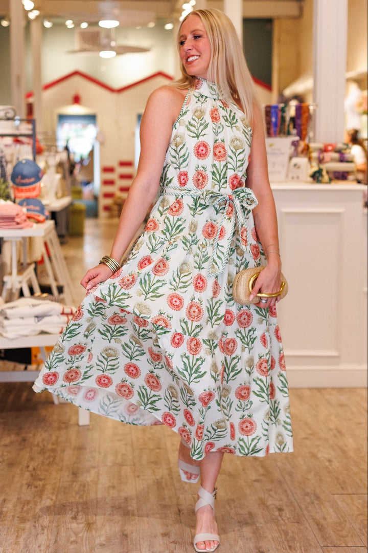 CREAM FLORAL HALTER DRESS