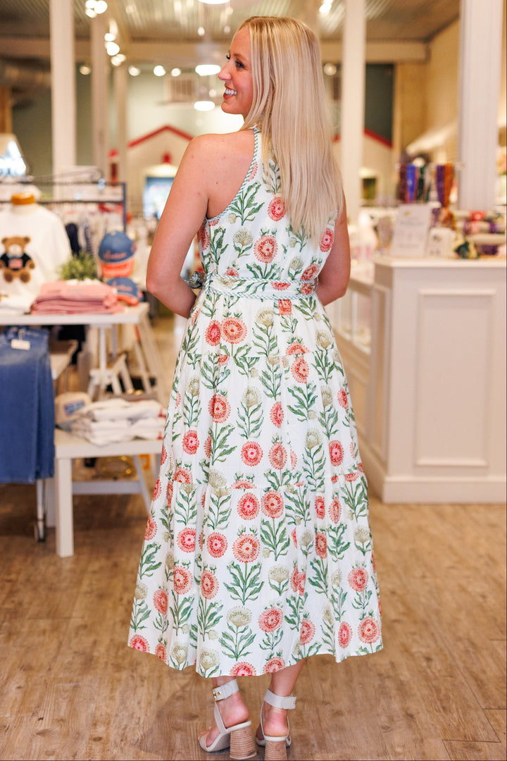 CREAM FLORAL HALTER DRESS