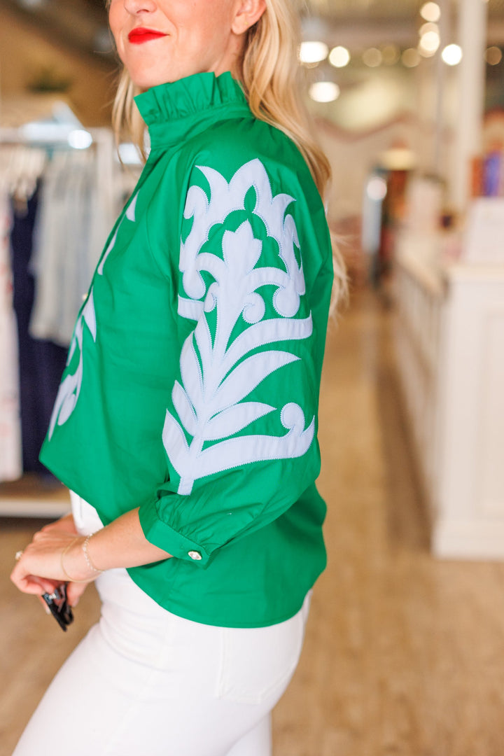 SKY BLUE &amp; KELLY GREEN APPLIQUE 3/4 SLEEVE BLOUSE