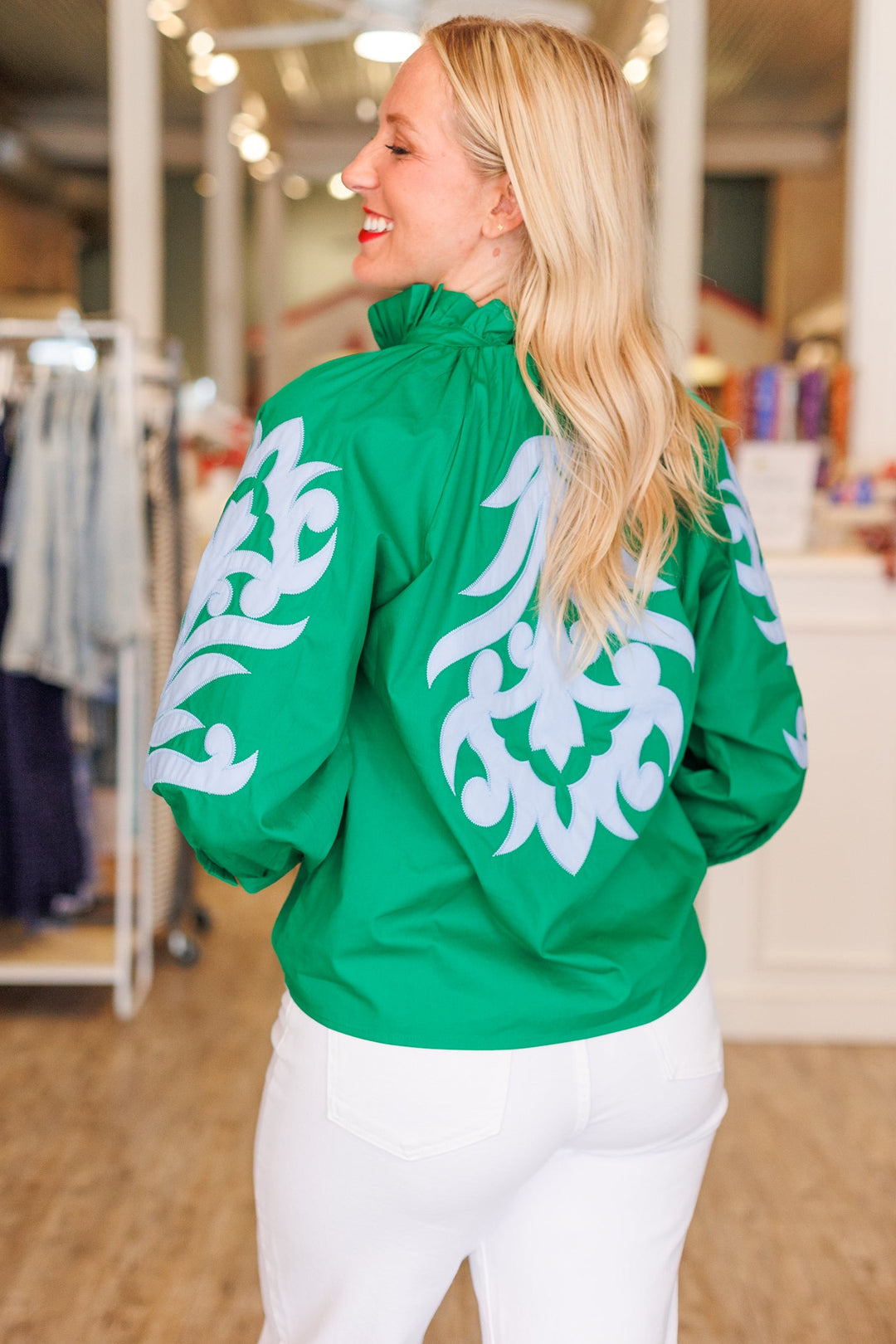 SKY BLUE &amp; KELLY GREEN APPLIQUE 3/4 SLEEVE BLOUSE