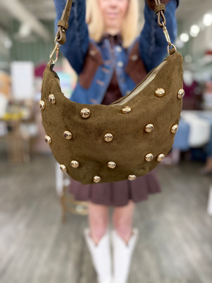 OLIVE STUDDED SUEDE BAG