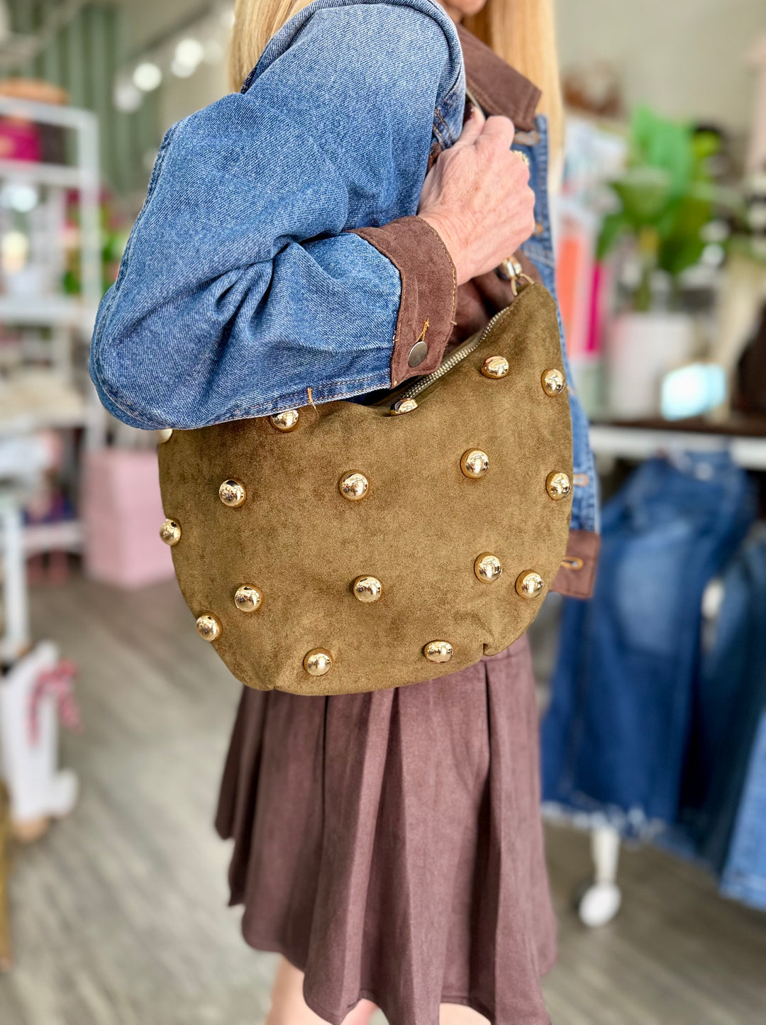OLIVE STUDDED SUEDE BAG