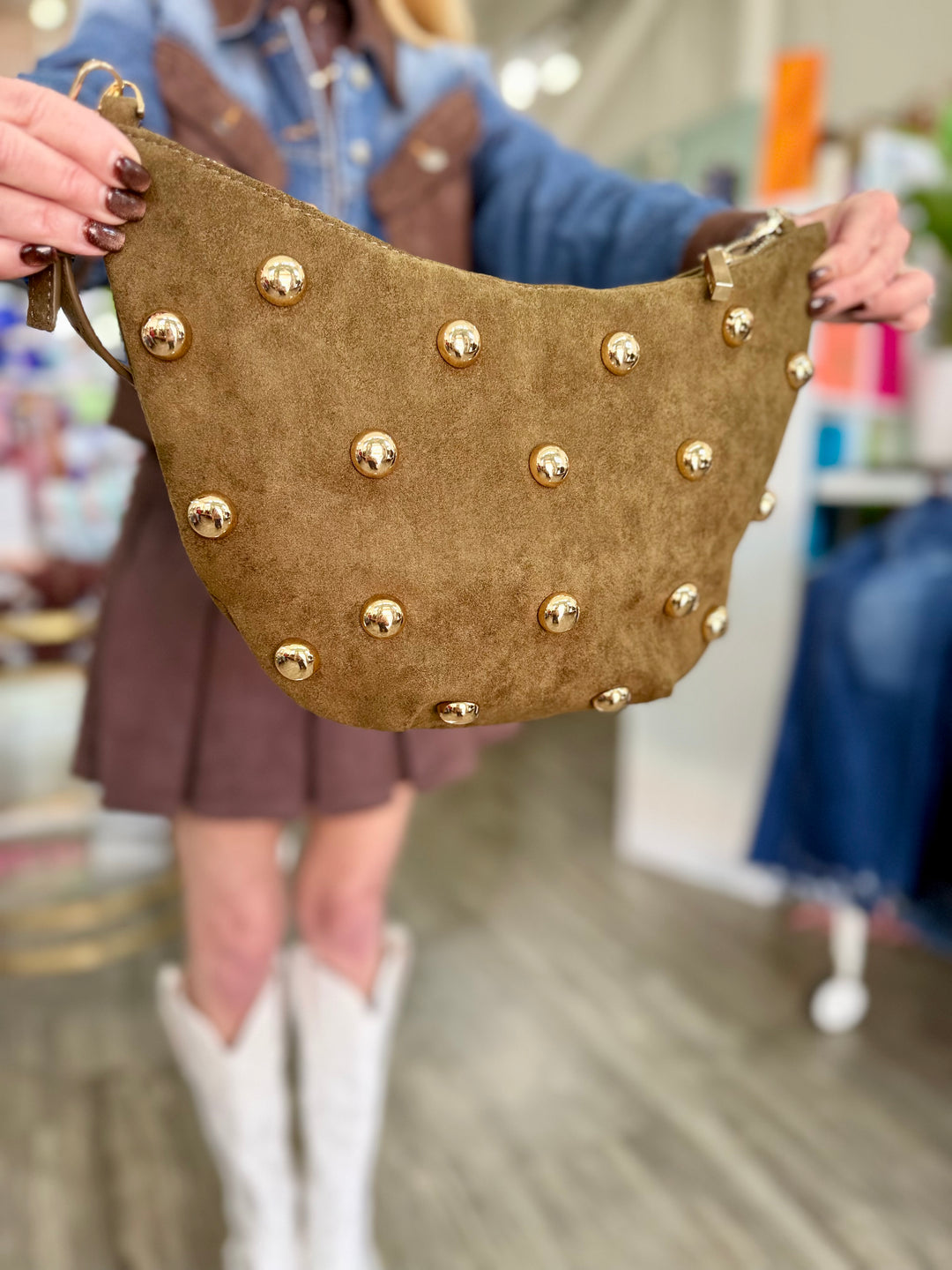 OLIVE STUDDED SUEDE BAG