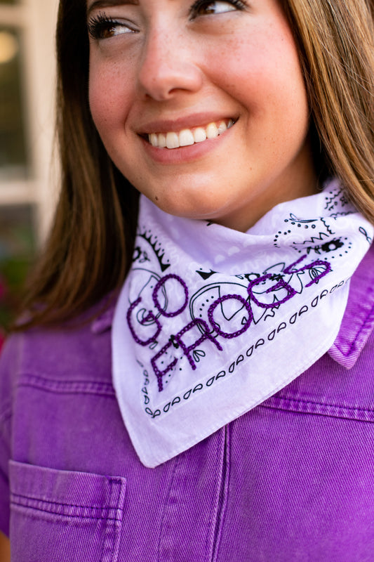 HAND EMBROIDERED GAME DAY BANDANA: GO FROGS