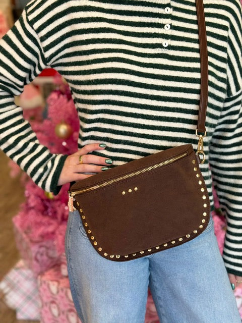 SABRINA STUDDED SUEDE BUM BAG- CHOCOLATE