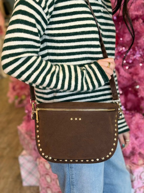 SABRINA STUDDED SUEDE BUM BAG- CHOCOLATE