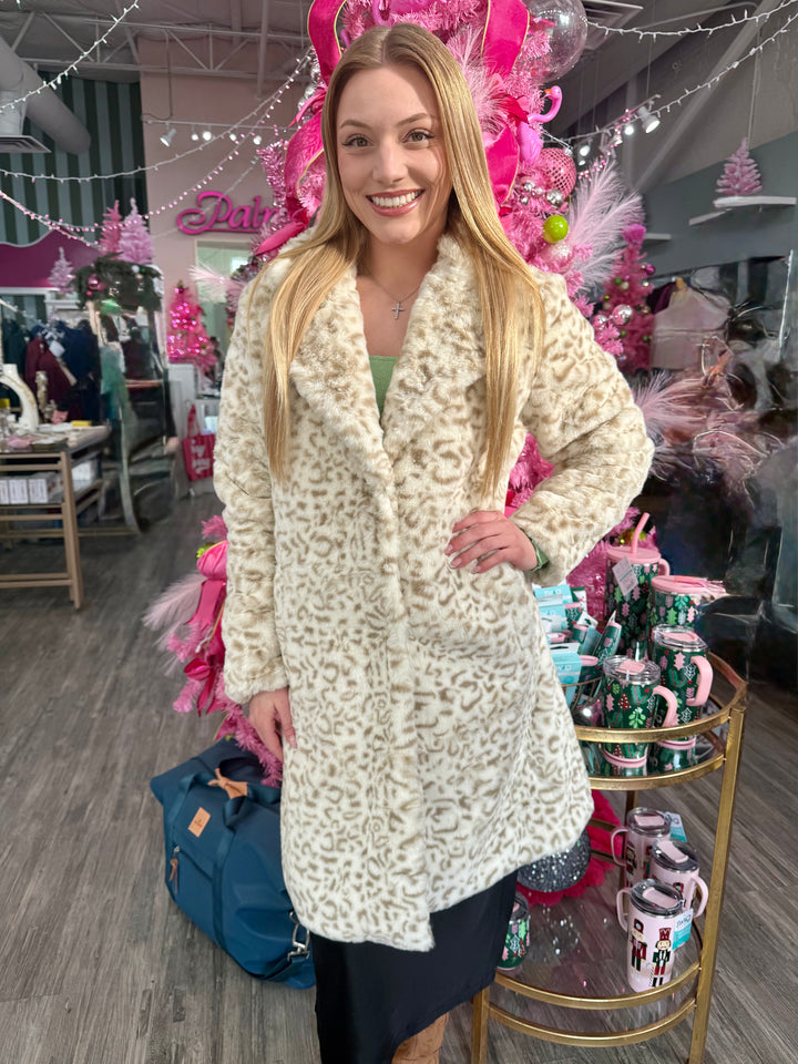 CREAM LEOPARD FAUX FUR COAT