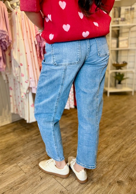 LIGHT WASH BARREL JEAN WITH WAIST TIE