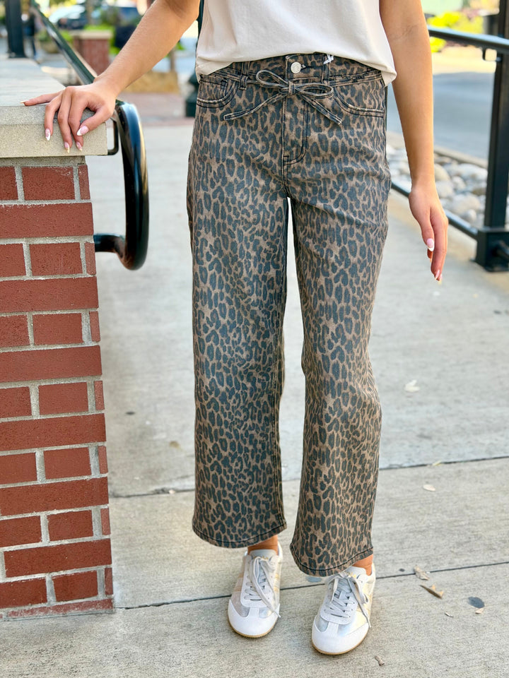 LEOPARD HIGHRISE TIE FRONT WIDE LEG JEAN