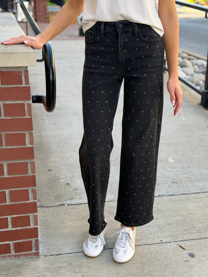BLACK HIGHRISE RHINESTONE VINTAGE STRAIGHT JEAN