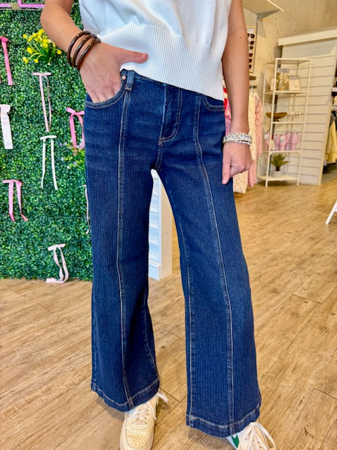 RISEN: DARK DENIM CORDUROY TEXTURE WIDE LEG JEAN