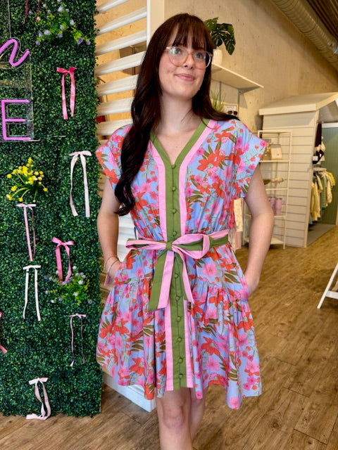 FEELING FLORAL TIE WAIST MINI DRESS