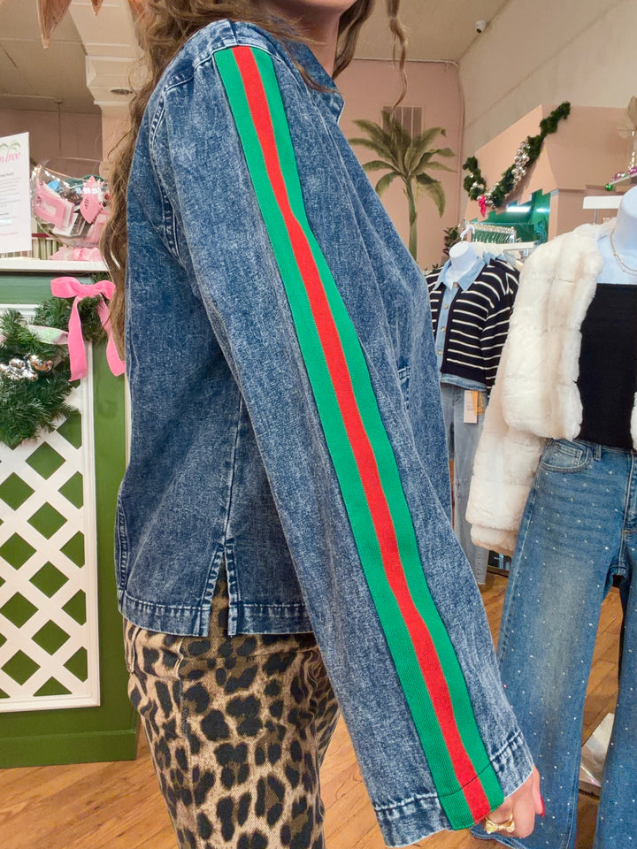 RED & GREEN STRIPED WASHED DENIM TOP