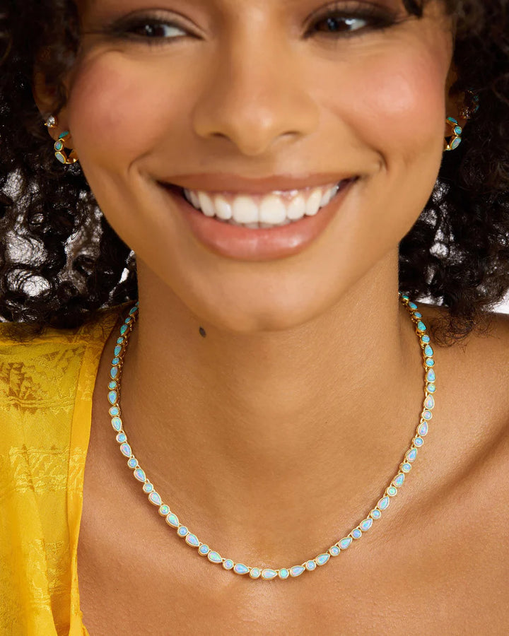 MELINDA MARIA: ISLA TENNIS NECKLACE- GOLD BLUE OPAL