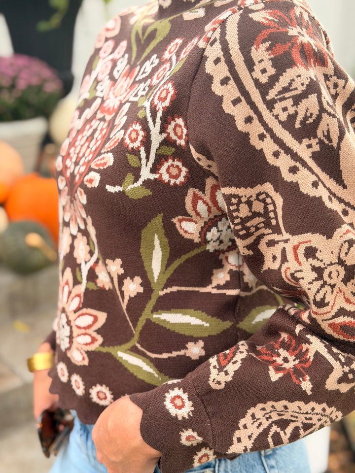 CHOCOLATE PRINT SCALLOP TRIM SWEATER