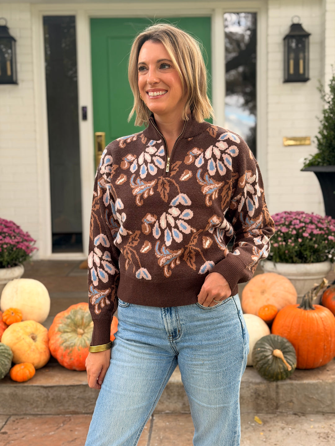 CHOCOLATE PATTERN QUARTER ZIP SWEATER