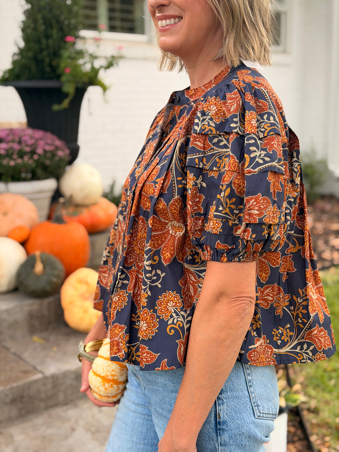 RUST &amp; NAVY FLORAL PUFF SLEEVE BLOUSE