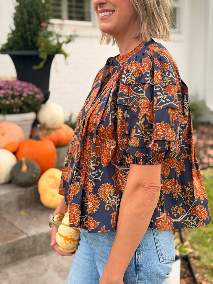 RUST &amp; NAVY FLORAL PUFF SLEEVE BLOUSE
