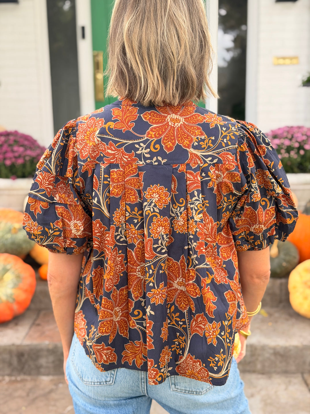 RUST &amp; NAVY FLORAL PUFF SLEEVE BLOUSE