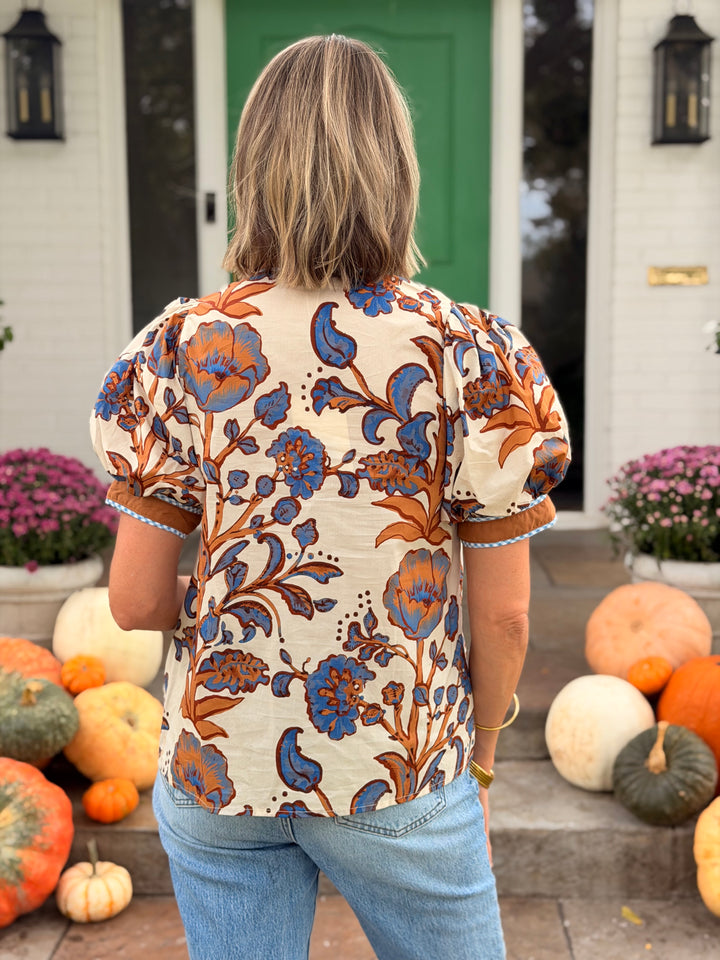 ECRU FLORAL CONTRAST TRIM BLOUSE