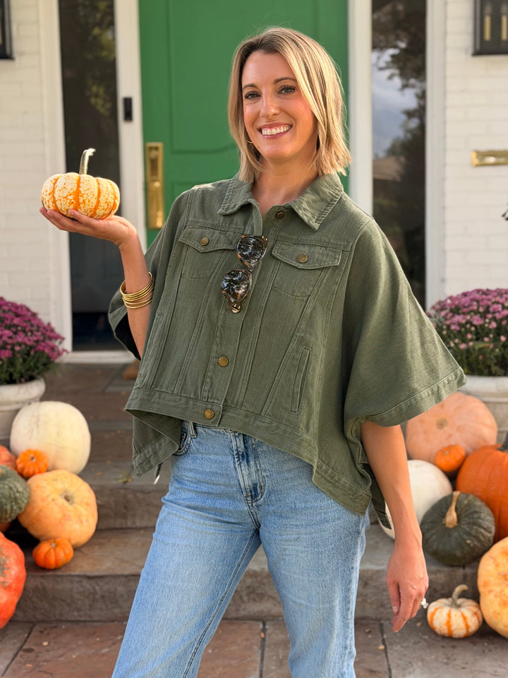OLIVE DENIM CAPE JACKET