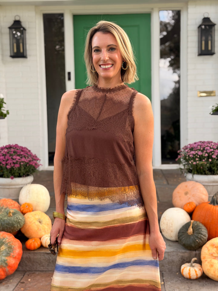 BROWN LACE TRIM SLEEVELESS TOP