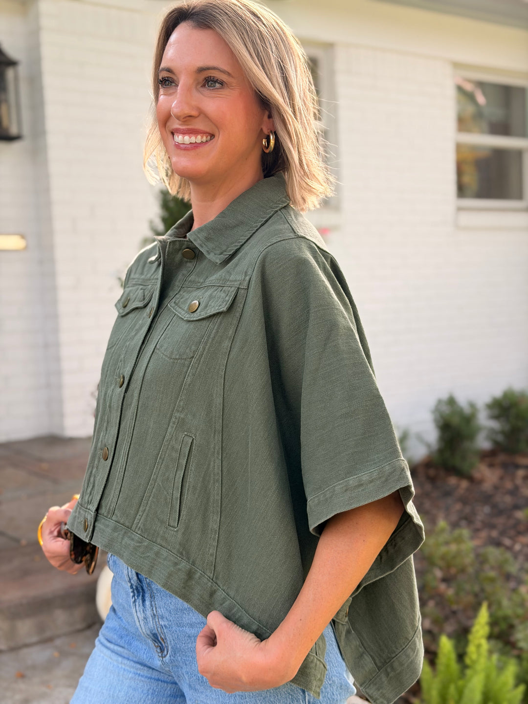 OLIVE DENIM CAPE JACKET