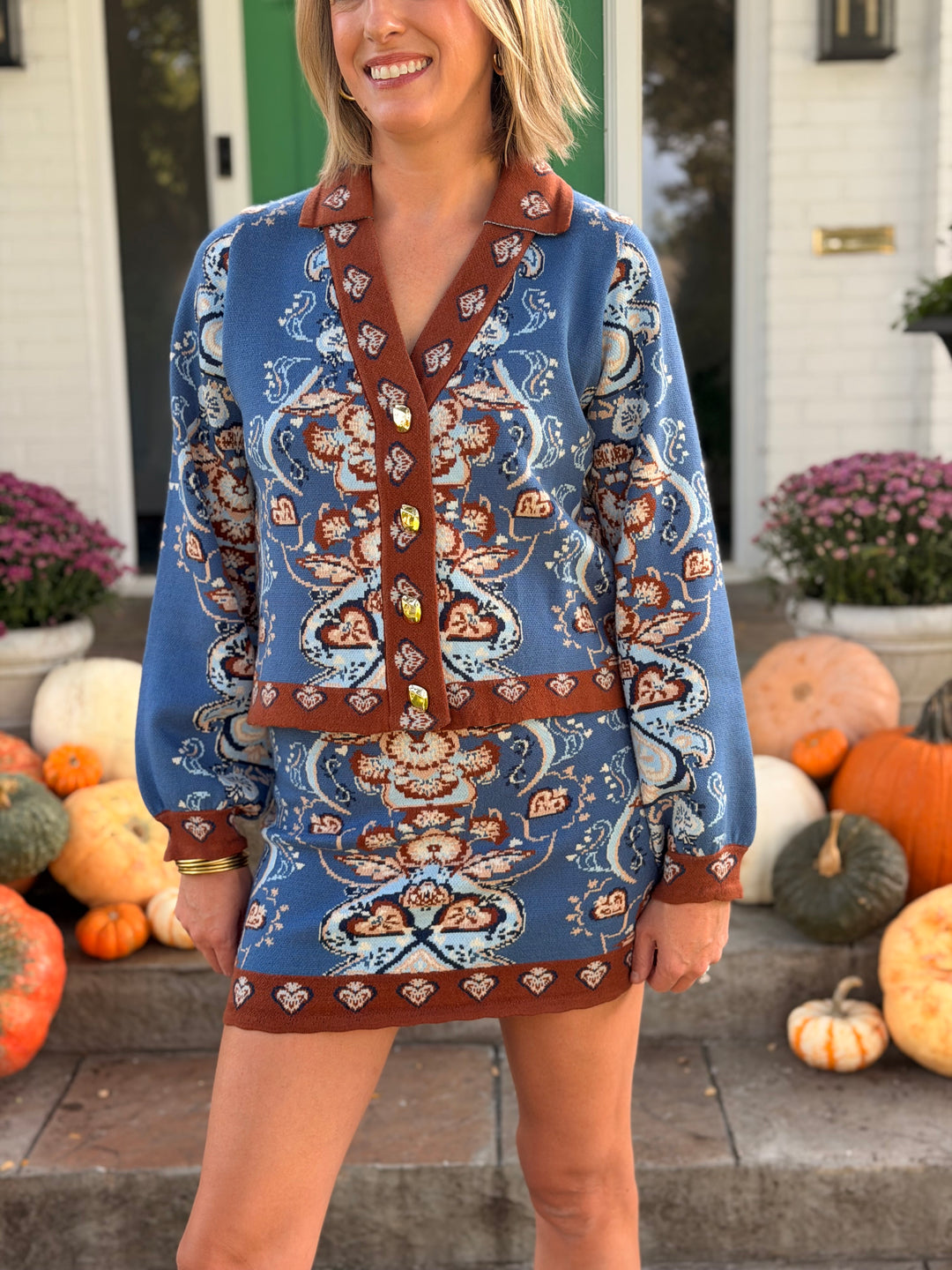 BLUE &amp; BROWN PRINT KNIT MINI SKIRT