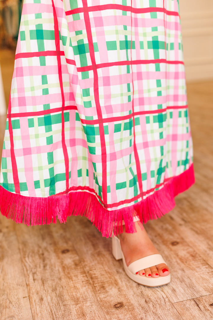 PALM BEACH PLAID FRINGE TRIM MAXI