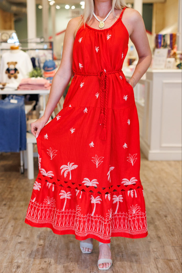 RED PALM PARADISE EMBROIDERY MAXI