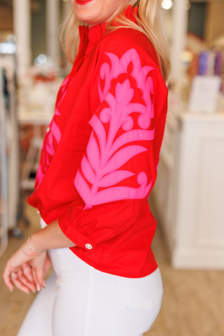 RED &amp; PINK APPLIQUE 3/4 SLEEVE BLOUSE