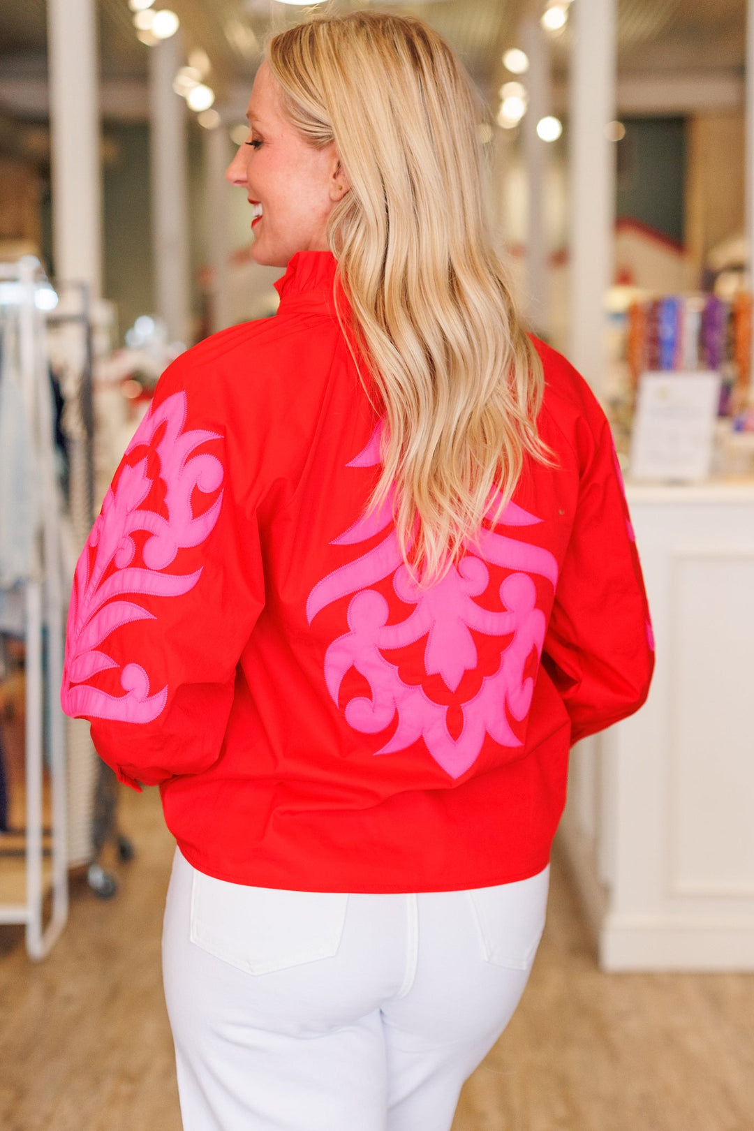 RED &amp; PINK APPLIQUE 3/4 SLEEVE BLOUSE