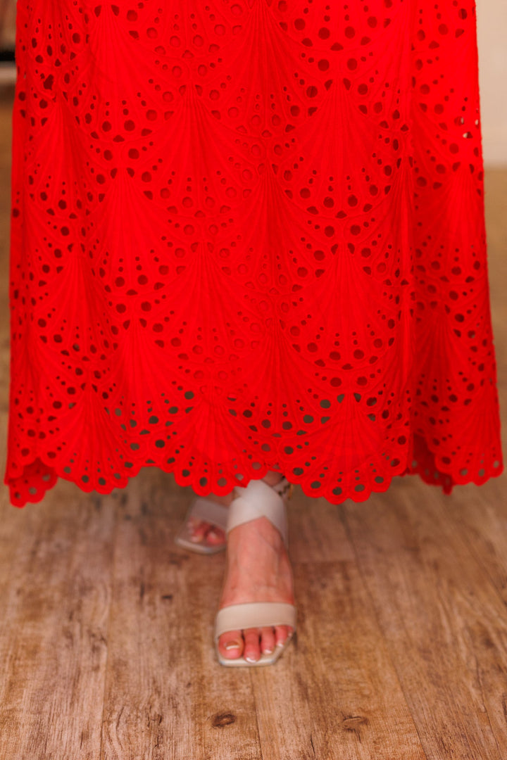 RED EYELET MAXI DRESS